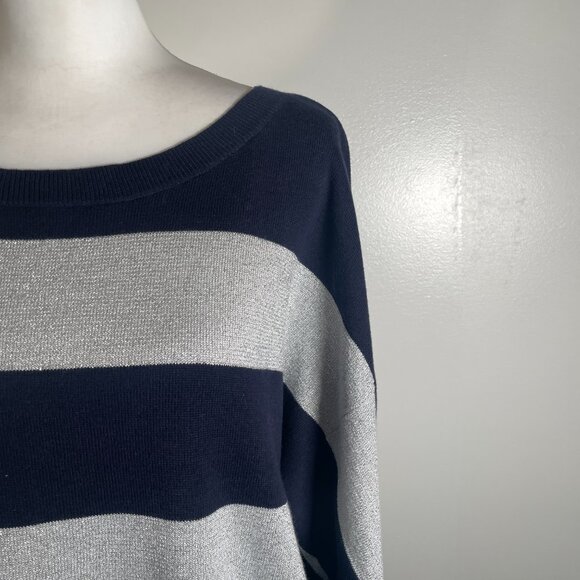 Liz Claiborne Navy Blue Silver Striped Boat Neck Tight Knit Pullover Sweater XL - Picture 4 of 13